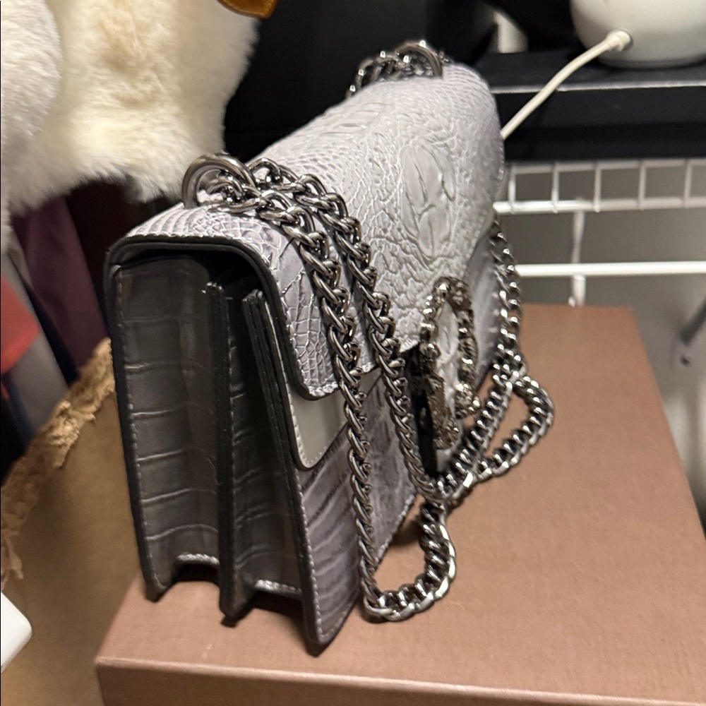 Gray Croc-Embossed Chain Bag - Picture 3 of 10